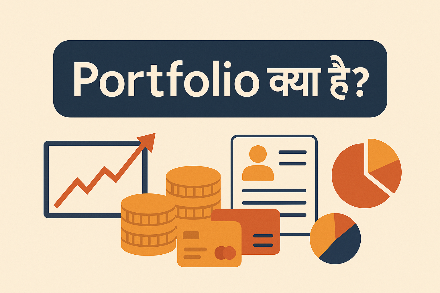 Portfolio क्या है से जुड़ी वेब ब्लॉग इमेज जिसमें ग्राफ, कॉइन्स, चार्ट और डॉक्यूमेंट आइकॉन दिखाए गए हैं