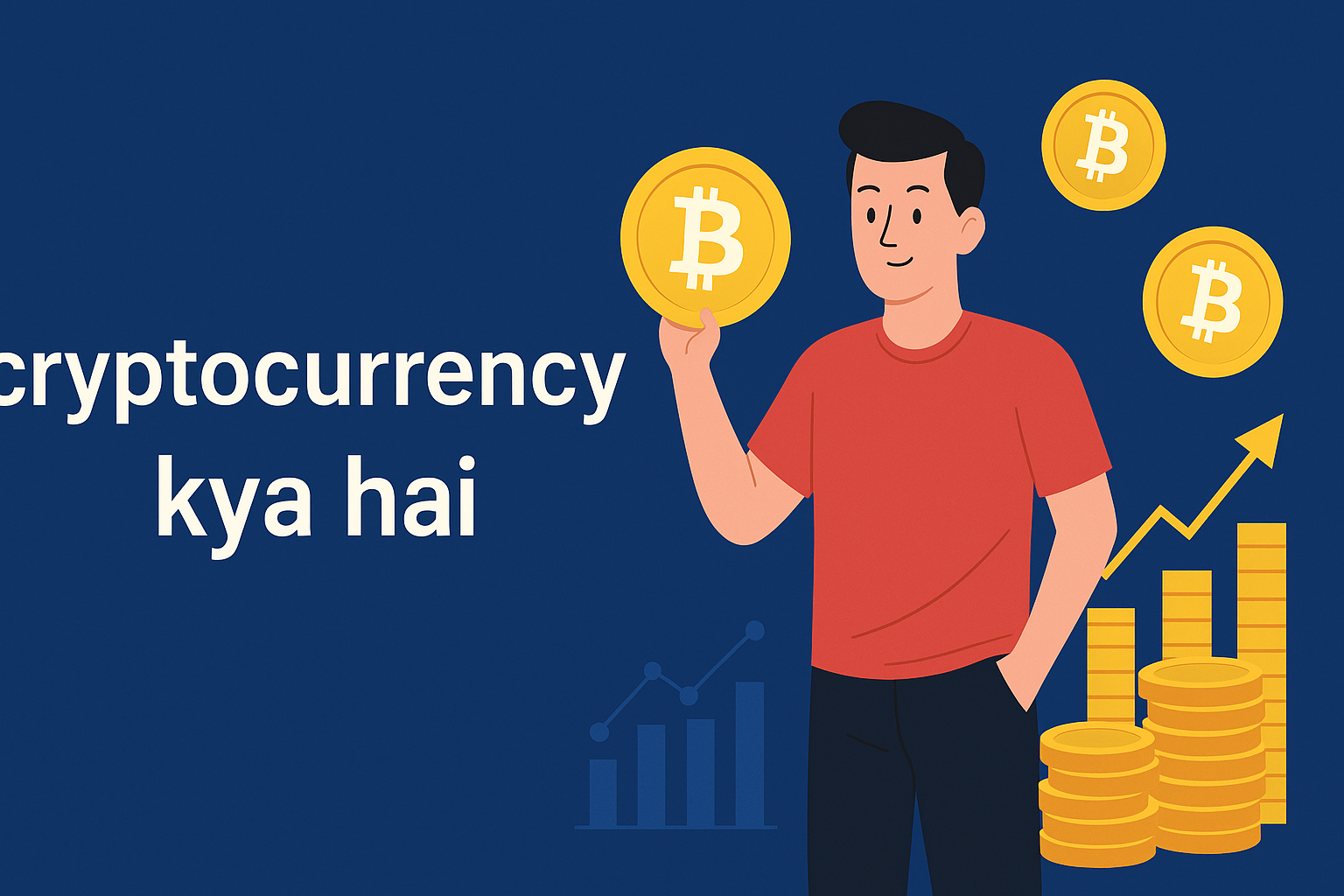 Cryptocurrency kya hai image jisme ek ladka bitcoin pakde huye hai aur coins dikhaye gaye hain
