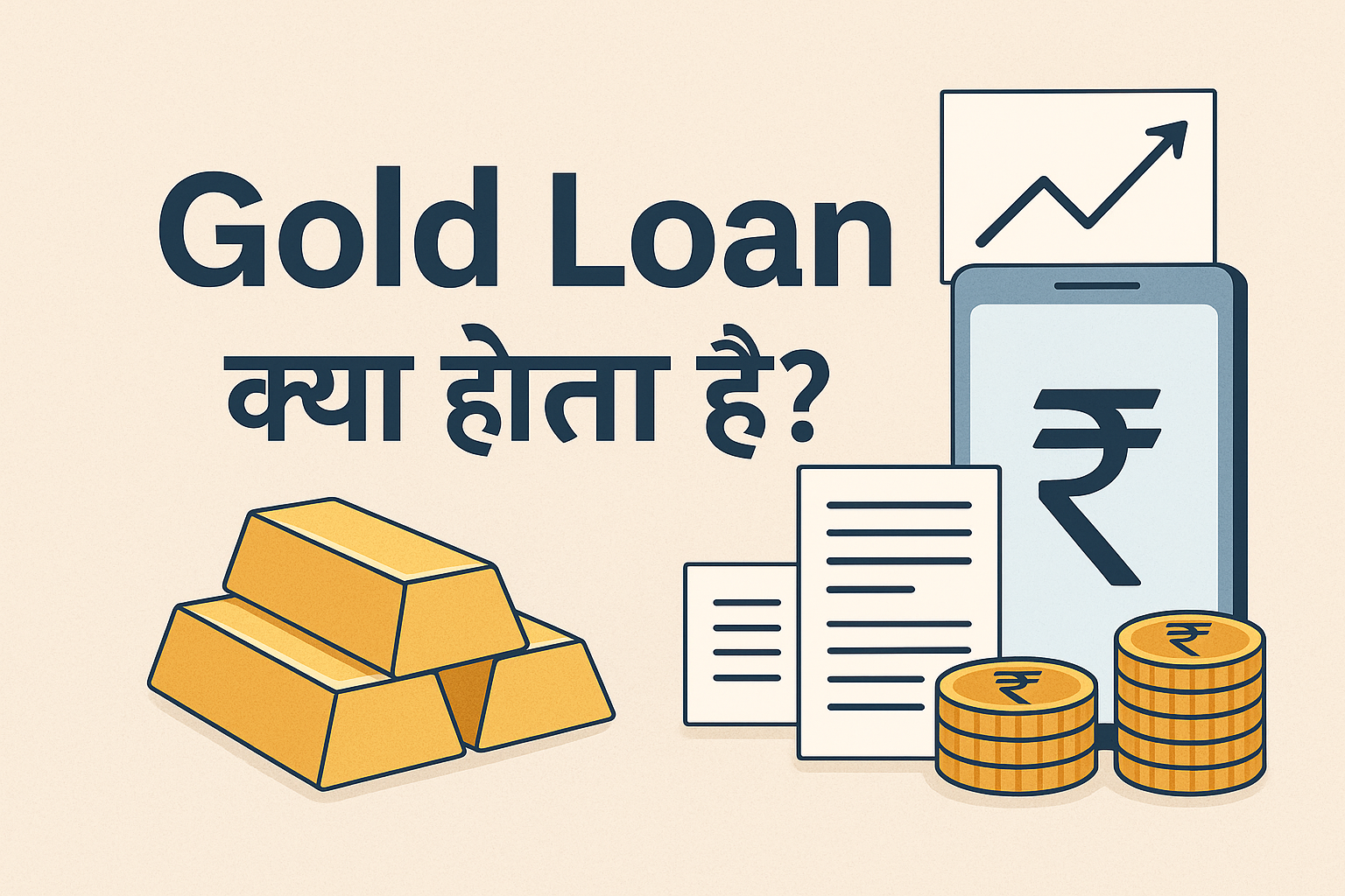 Gold Loan क्या होता है समझाने वाली वेब ब्लॉग इमेज जिसमें सोने की ईंटें, रुपये का चिन्ह, डॉक्यूमेंट और मोबाइल आइकन दिख रहे हैं