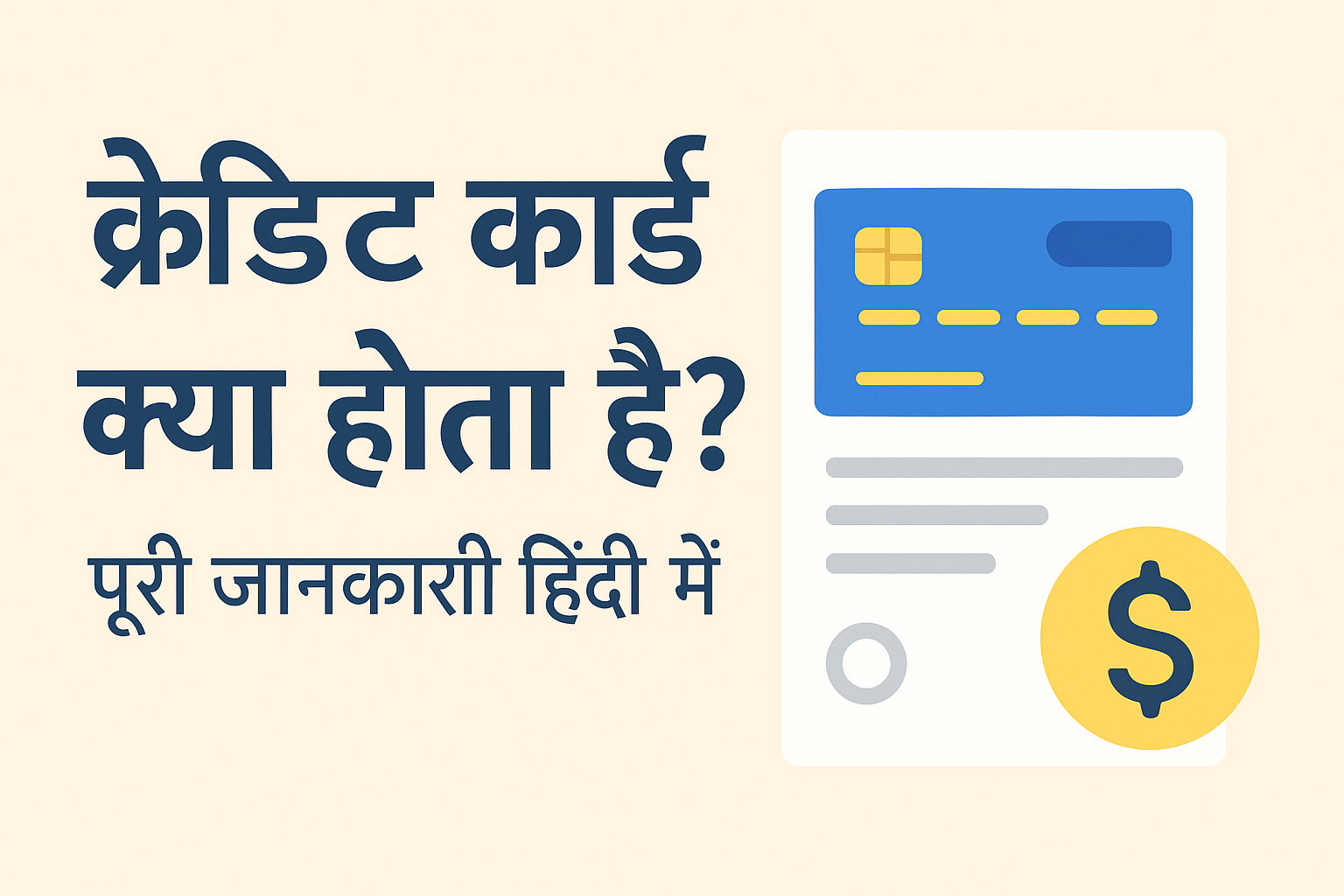 एक हिंदी इन्फोग्राफिक जिसमें “क्रेडिट कार्ड क्या होता है? पूरी जानकारी हिंदी में” लिखा है, साथ में एक नीले रंग का क्रेडिट कार्ड और पीले डॉलर साइन का आइकन दिखाया गया है।