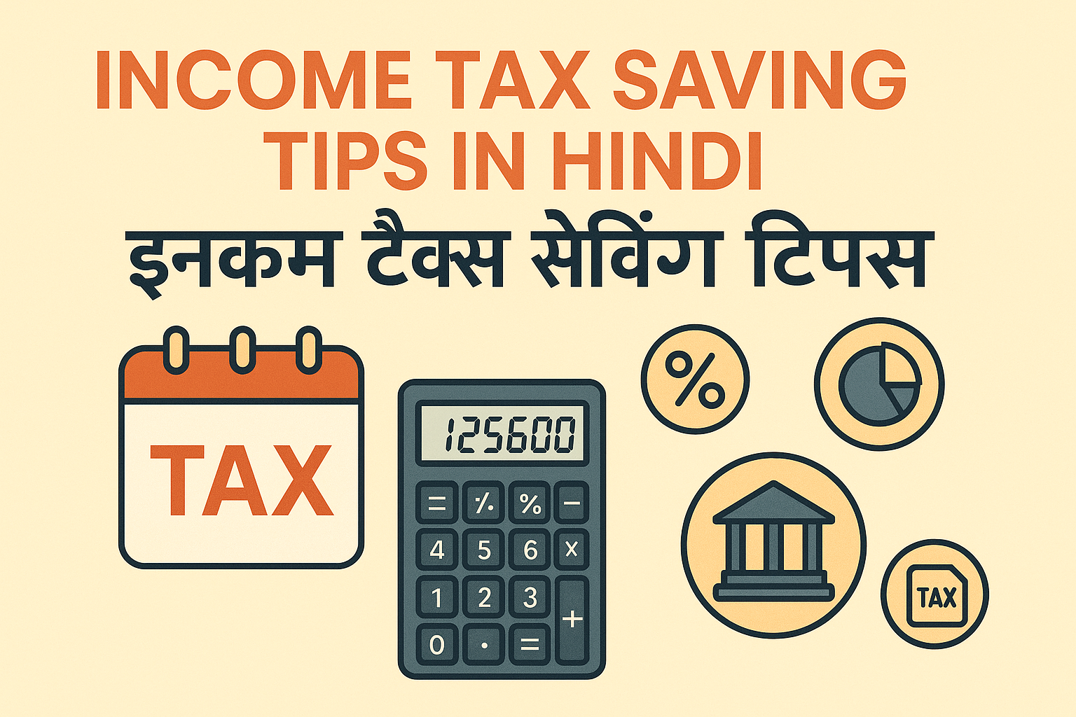 Income tax saving tips in Hindi infographic with calculator, tax icons and saving symbols