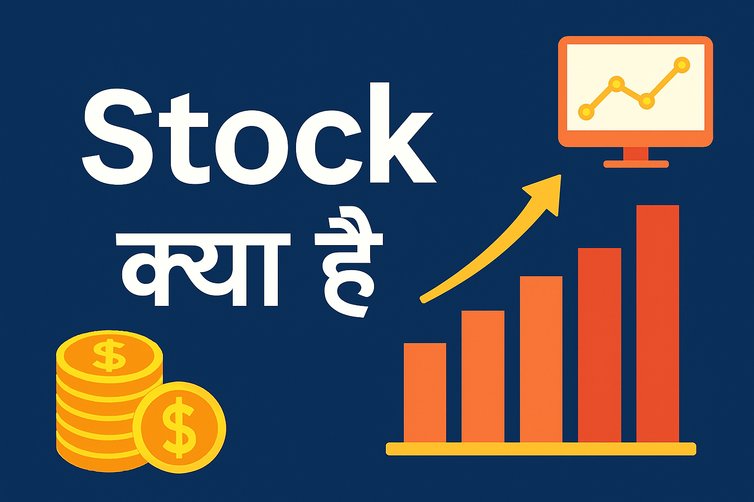 Stock क्या है से जुड़ी वेब ब्लॉग इमेज जिसमें ग्राफ, कॉइन्स और Stock Market को दर्शाने वाले आइकॉन दिखाए गए हैं