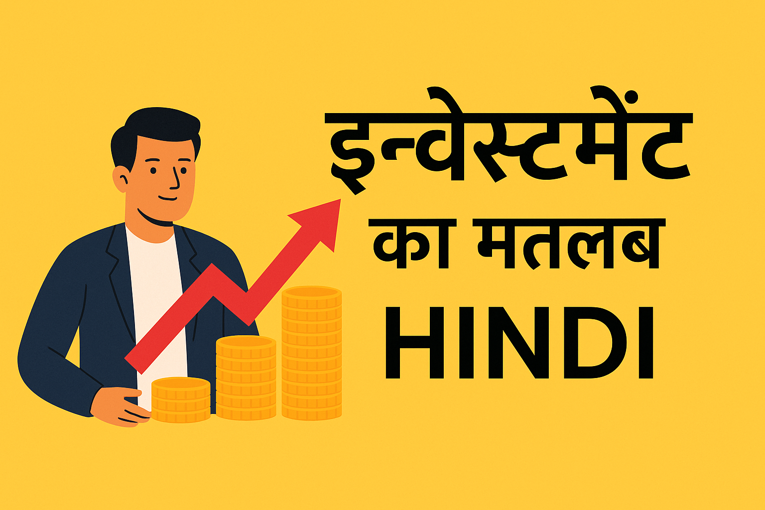 एक व्यक्ति सोने के सिक्कों और ऊपर जाती लाल तीर के साथ इन्वेस्टमेंट का मतलब हिंदी में समझाता हुआ ग्राफिक डिजाइन।